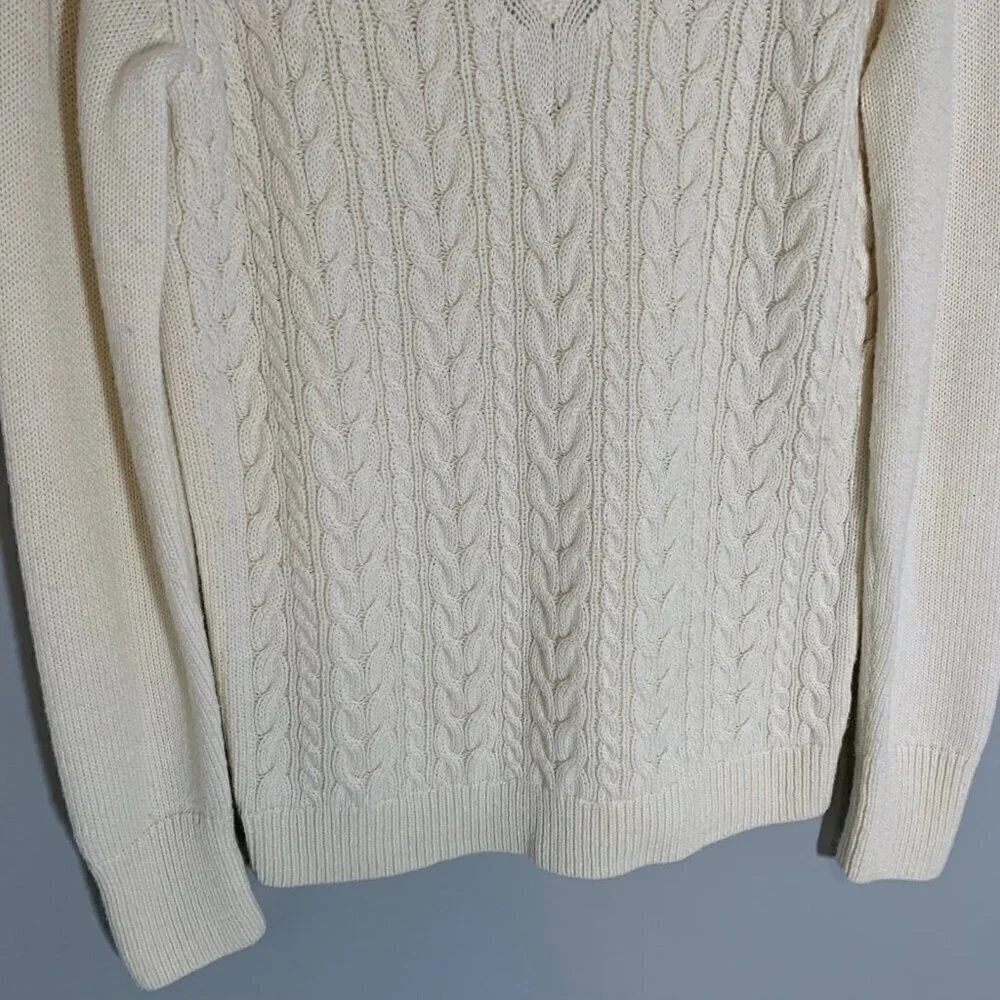 Talbots Cable Knit Sweater Women Medium Ivory V-Neck Lambswool Blend‎